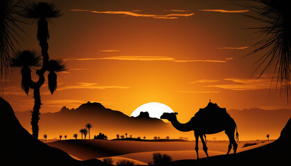 A Camel Silhouette on Desert Landscape While Sunset Created With Generative Ai