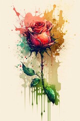 watercolor illustration, rose with splash effects , generative ai