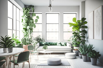 Fototapeta premium Bring Life to Your Home with this Modern and Minimalistic Living Room featuring Green Plants - Concept Design for Your Next Interior Decorating Project, Generative Ai