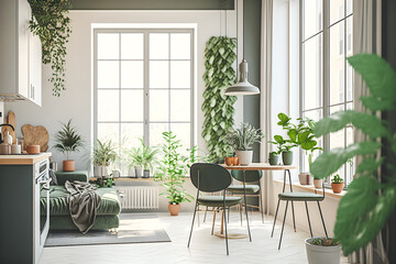 Fototapeta premium Bring Life to Your Home with this Modern and Minimalistic Living Room featuring Green Plants - Concept Design for Your Next Interior Decorating Project, Generative Ai