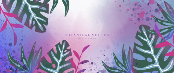 Bright botanical vector illustration with monstera leaves, fern, palm leaves in turquoise purple tones for decor, covers, wallpapers © Лилия Агапова