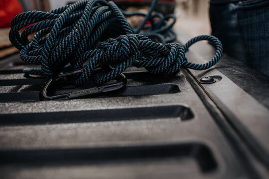 close up of climbing ropes in knots on truck bed
