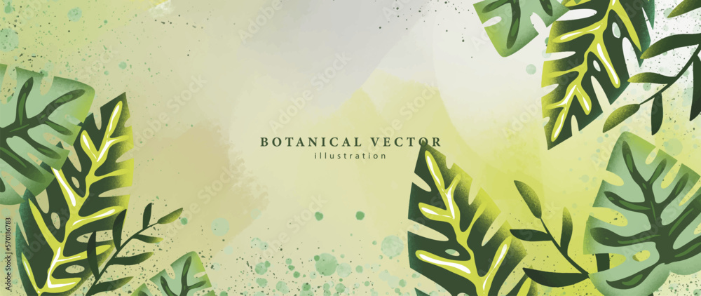 Wall mural Stylish bright botanical illustration with monstera leaves, palm leaves, fern in green tones for design, wallpapers, decor