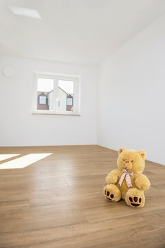 Toy bear alone sitting wooden floor new apartment