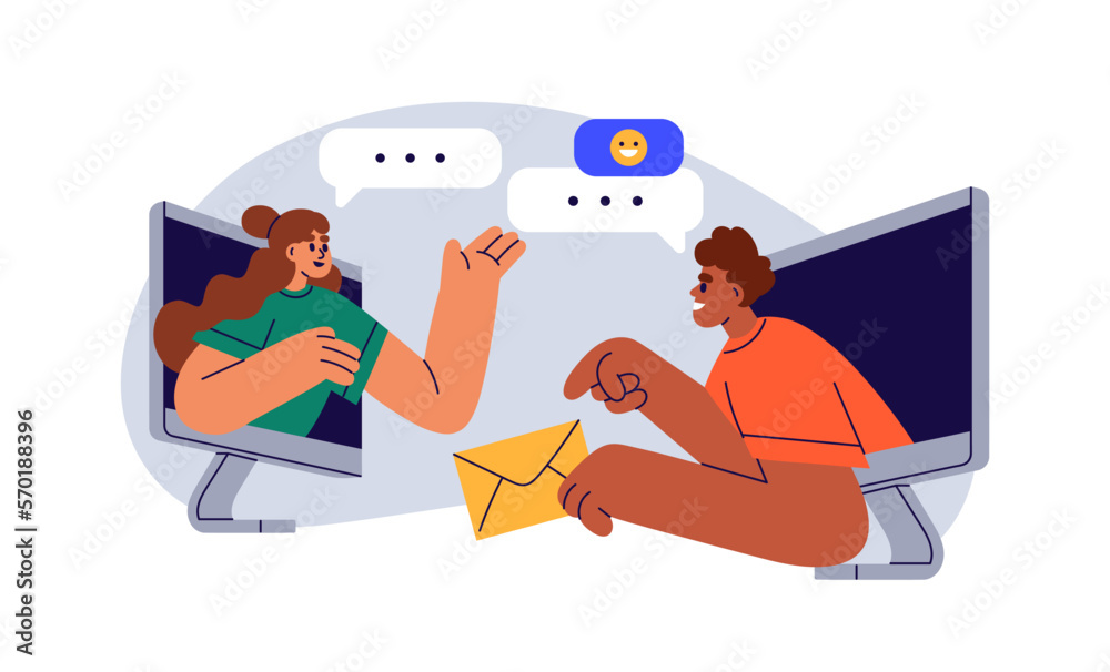 Poster Online communication concept. People chatting through internet, texting messages, e-mails with computers. Remote virtual distant correspondence. Flat vector illustration isolated on white background