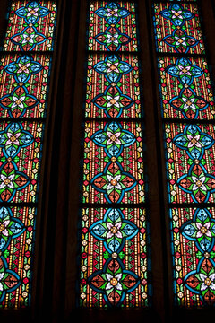 View of stained glass window in Mathias Church, Budapest, Hungary