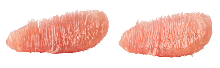 slices of ripe pomelo fruits in different angles, citrus maxima, teardrop or pear shaped large...