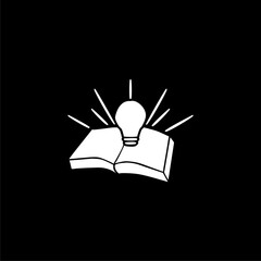 Open book with lightbulb icon on black background.
