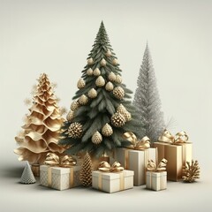 Fototapeta na wymiar Merry Christmas and Happy New Year festive 3d composition with realistic Christmas trees, gifts box in snow drift, golden confetti. Xmas background winter nature, Holiday design. Generative AI