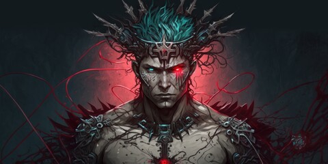 Illustration depicts a masculine humanoid cyborg with a metal crown of thorns, halo, and a digital messiah complex. Generative AI
