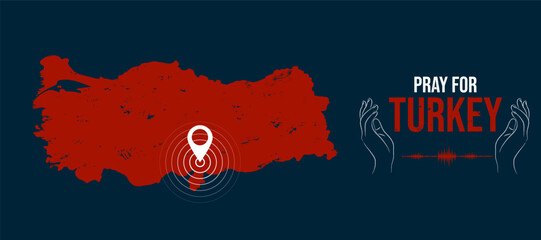 Pray for Turkey background banner with map and hands praying. Turkey under earthquake on February 6, 2023. Vector art illustration