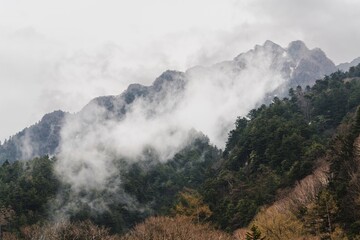 Mist rolling down the Japanese Alps in Tateyama, Chubu Province, Japan. Autumn feel. No People.