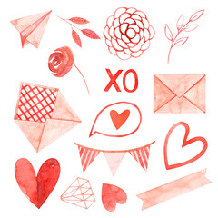 Collection of watercolor elements for valentine's day. Heart, love envelope, flower, holiday ribbon, crystal, xoxo. Hand drawn. Iholated on a white background.