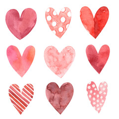 Collection of hand drawn watercolor hearts. Red and pink colors. Symbol of love. Valentine's Day.