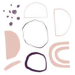 Set of abstract flowing shapes, lines and spots. Texture brush strokes. Design elements. Hand drawn. Isolated on white background.