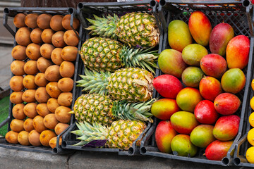 Fresh fruits on showcase at a farmers market