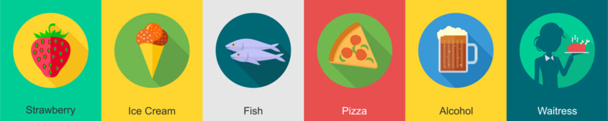 A set of 6 Food icons as strawberry, ice cream, fish