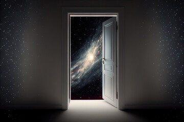 Open door stretching into space galaxy background. Magic portal to another world. Concept of dreams and freedom. Created with Generative AI - obrazy, fototapety, plakaty