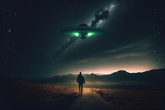 Flying saucer flies at night in sky oversilhouette of man standing in field. Invasion of extraterrestrial intelligence on an intergalactic ship. Alien abduction. Created with Generative AI