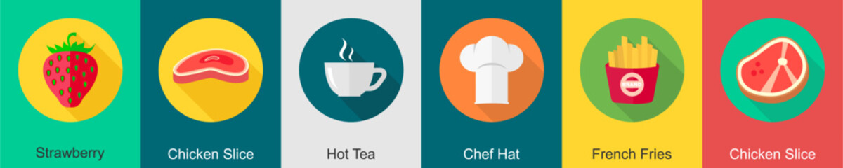 A set of 6 Food icons as strawberry, chicken slice, hot tea