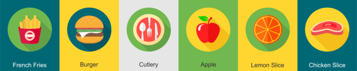 A set of 6 Food icons as french fries, burger, cutlery