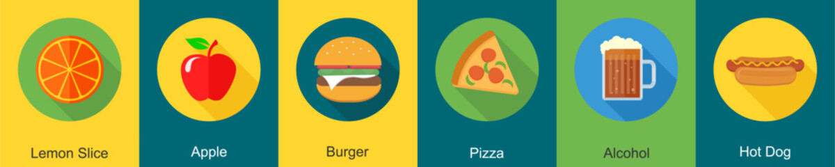 A set of 6 Food icons as lemon slice, apple, burger