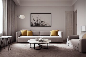 Fototapeta premium Elegant and comfortable designed living room with big corner sofa. Interior design modern apartment. Generative AI.