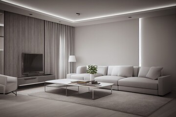 Fototapeta premium Elegant and comfortable designed living room with big corner sofa. Interior design modern apartment. Generative AI.
