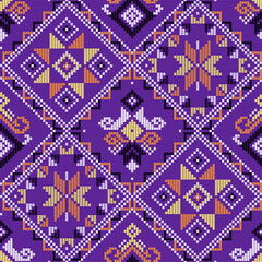 Filipino traditional Yakan tapestry inspired vector seamless pattern - geometric ornament perfect for textile or fabric print design on purple background
