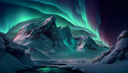 Naklejka premium sunrise over ice mountains aurora boreal