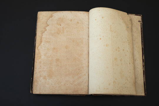 Top view of an old open book with blank pages on a dark background as copy space, retro toned image.
Open book on dark background