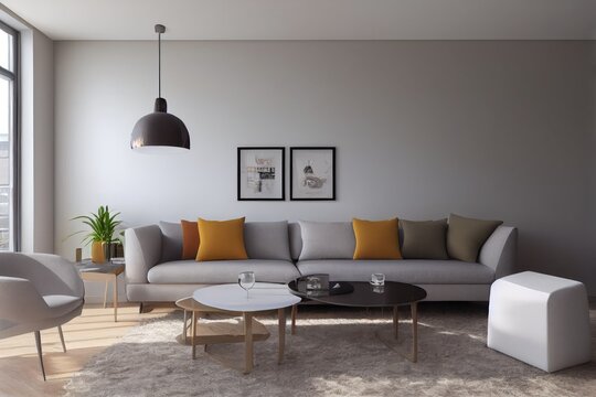 Elegant and comfortable designed living room with big corner sofa. Interior design modern apartment. Generative AI.