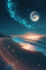 Fototapeta na wymiar beach at night with a full moon in the sky. generative ai.