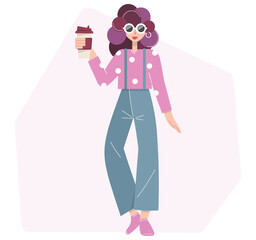 A woman stands and holds a cup of coffee or tea in her hand. Vector flat illustration of a girl with a hot drink in her hand. A woman drinks while enjoying a hot drink. Isolated on white background.