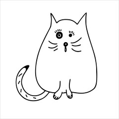 Cute fat cat. Vector black and white hand-drawn doodles. Template, design, clipart, logo, sketch, icon, coloring book.