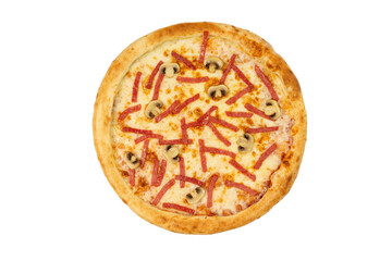 isolated ham and mushrooms pizza for menu top view. italian cuisine, fresh pizza. Top flat lay view.