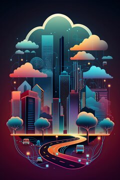 illustration, cloud computing connects smart city wireless technology ,generative ai
