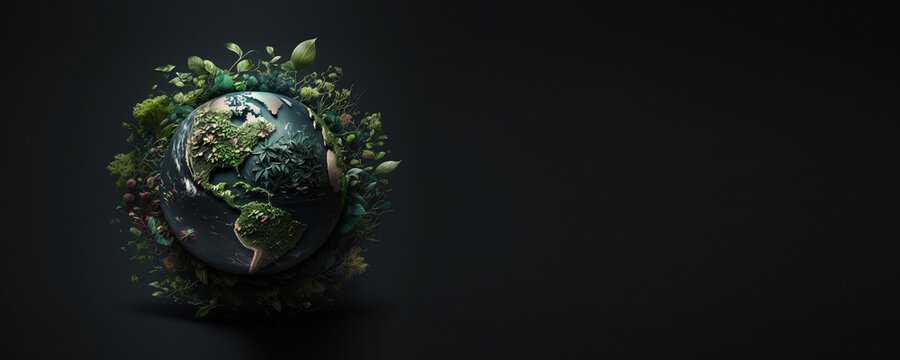 Green world on dark background with Copy space, Earth day, Environment protection concept. Generative Ai