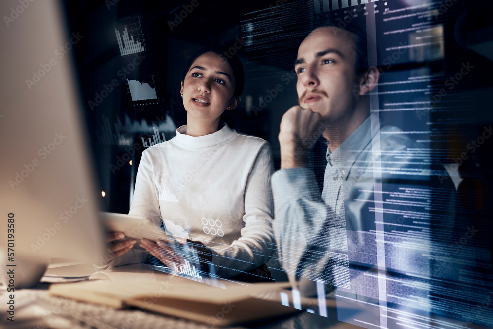 Aufkleber Teamwork, cyber security and programming with business people at computer for planning, developer and 3d hologram. Software, infographic and future with employee for coding, technology and digital
