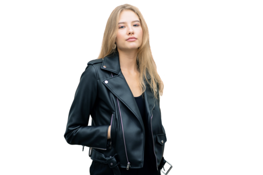 Fashionable blonde woman jacket. isolated, transparent background, PNG.