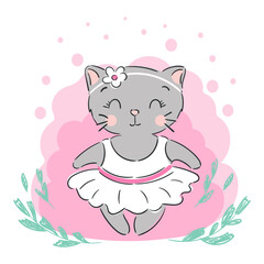 Cute lovely little kitty cat in white dress. Can be used for t-shirt print, kids wear fashion design, baby shower invitation card.