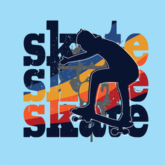 skateboard player silhouette with text and grunge style