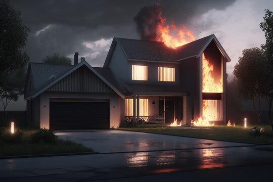 House or fire and Burning down, Home insurance concept. Generative Ai