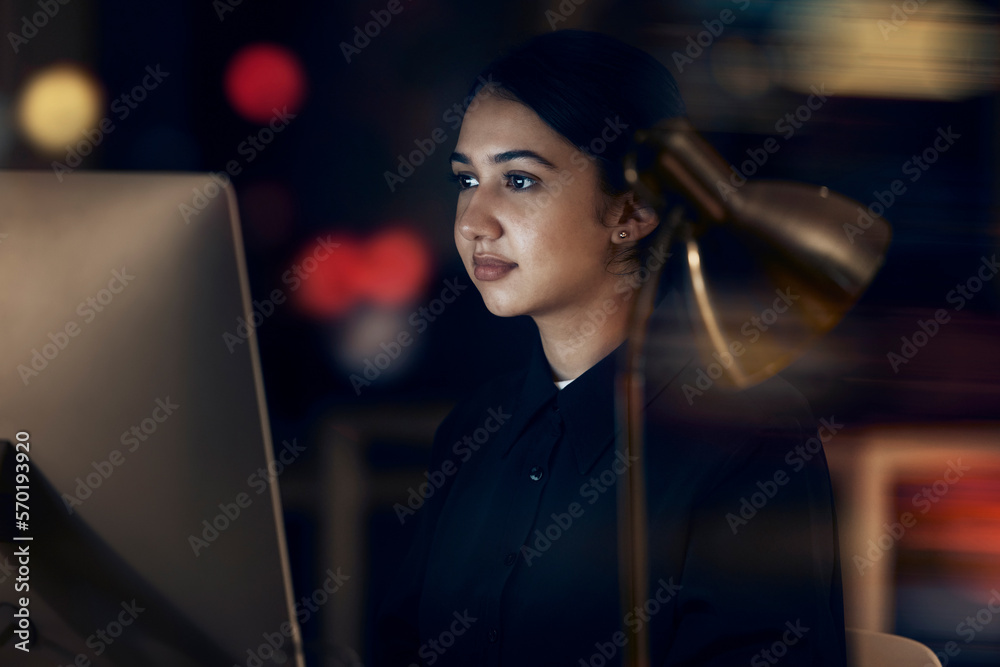 Poster woman, night office and focus at computer for seo planning, research or agenda in dark startup. fema