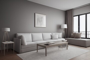 Elegant and comfortable designed living room with big corner sofa. Interior design modern apartment. Generative AI.