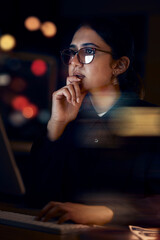 Woman, night office and thinking at computer for seo planning, pc research or ideas in dark. Female...