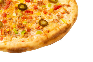 isolated spicy meat pizza for menu close up. italian cuisine, fresh pizza. 