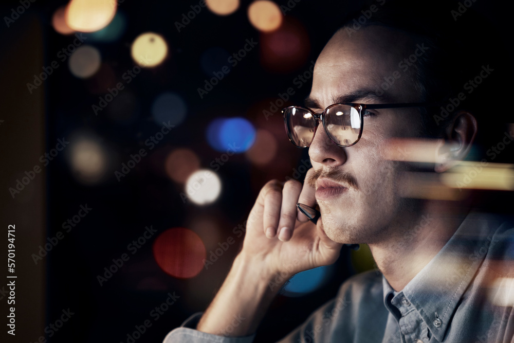 Aufkleber Programming, coding and thinking with businessman at night for software, idea and digital marketing mockup. Data analytics, technology and internet with employee for media, database and developer