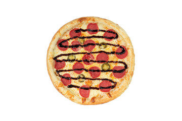 pepperoni pizza with bbq sauce and jalapeno top view