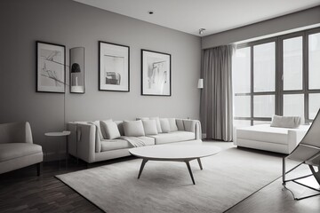 Fototapeta premium Elegant and comfortable designed living room with big corner sofa. Interior design modern apartment. Generative AI.